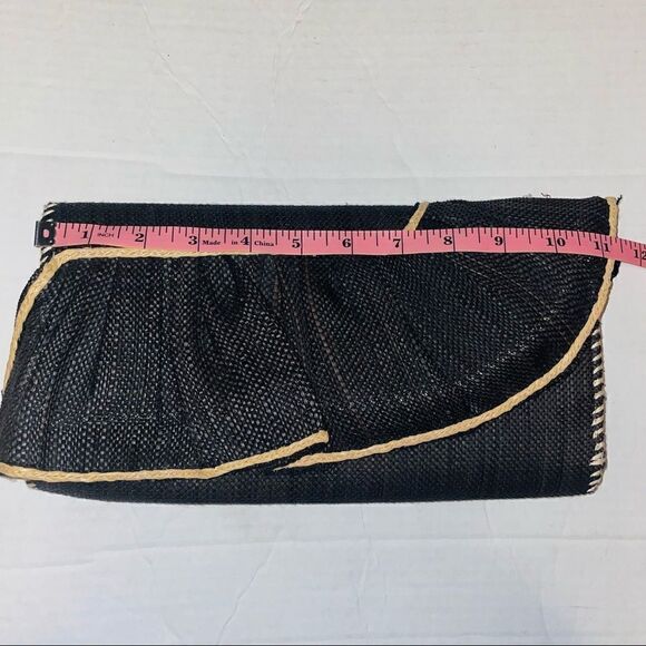 Woven Ruffle Clutch Black Straw Evening Bag Party Purse - Picture 5 of 10
